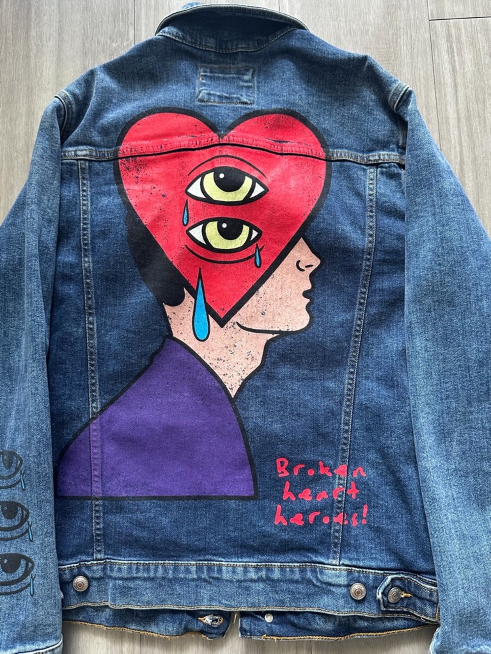 Zara Blue Denim Jacket with Red Heart Graphic and Purple Accent (LARGE) - Picture 4 of 15